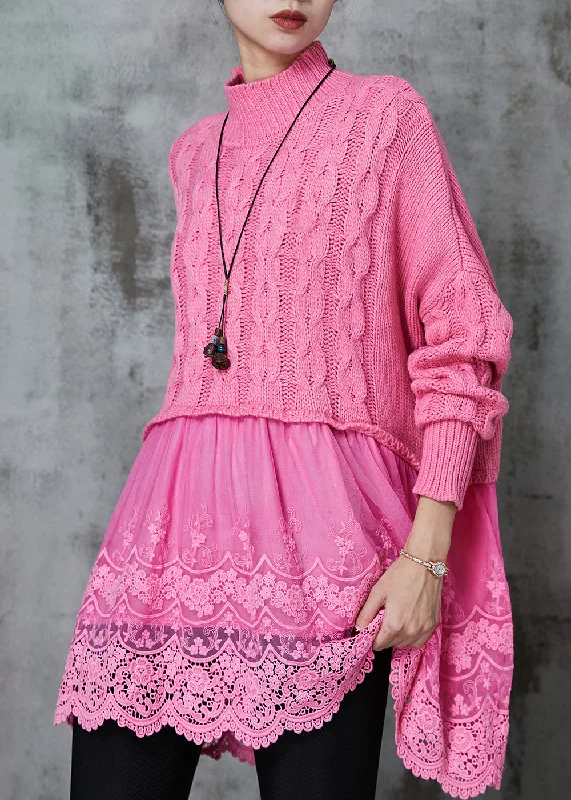 Longline Women's Mohair Sweater Dresses in a Loose FitModern Pink Oversized Patchwork Knit Long Sweater Spring Longline Women's Mohair Sweater Dresses in a Loose FitModern Pink Oversized Patchwork Knit Long Sweater Spring