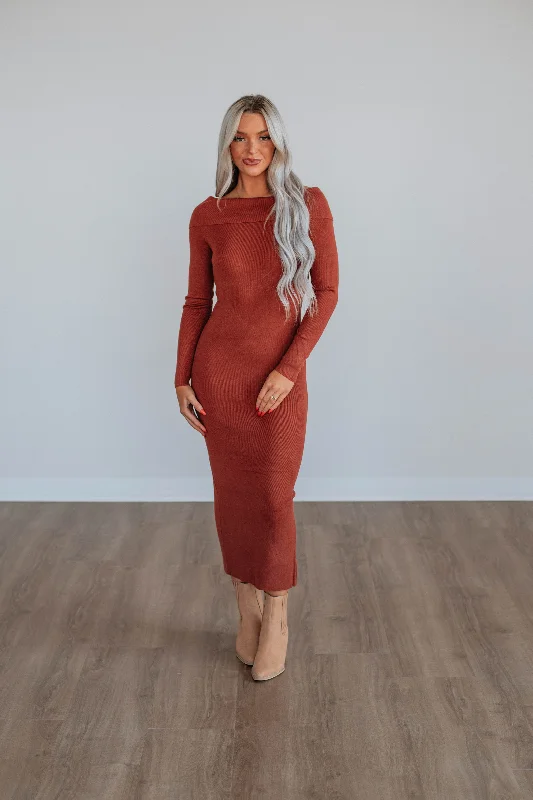 Plus Size Women's Long Sleeve Cable Knit Sweater DressesMorgana Sweater Dress - Brick Plus Size Women's Long Sleeve Cable Knit Sweater DressesMorgana Sweater Dress - Brick