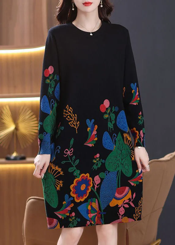Plus Size Women's Asymmetric Hem Sweater Dresses in Modern DesignsNew Black Print Side Open Wool Knit Dress Long Sleeve Plus Size Women's Asymmetric Hem Sweater Dresses in Modern DesignsNew Black Print Side Open Wool Knit Dress Long Sleeve