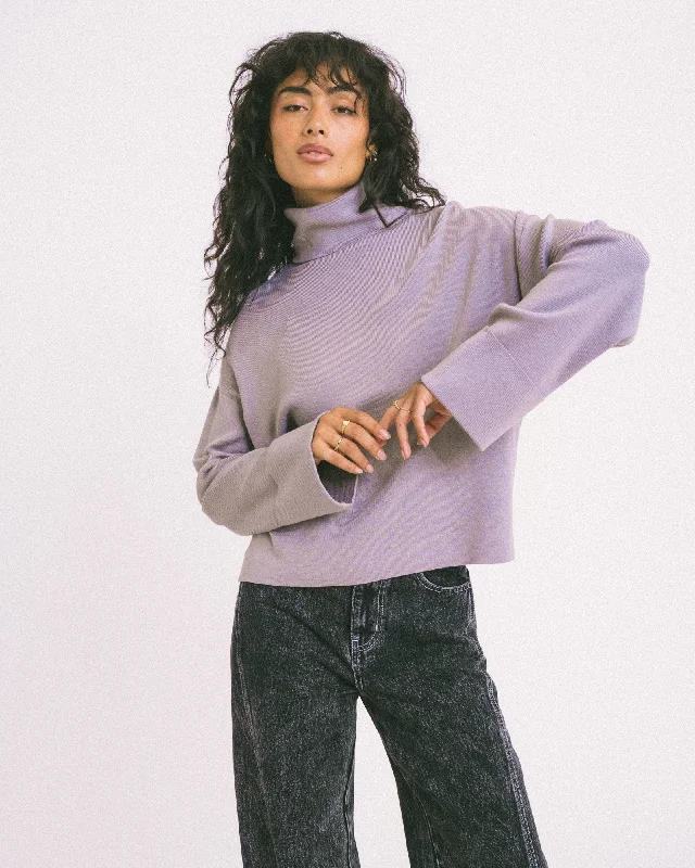 V - Neck Women's Ribbed Wool Sweaters for FallCloe Roll Neck Knit Frost Gray