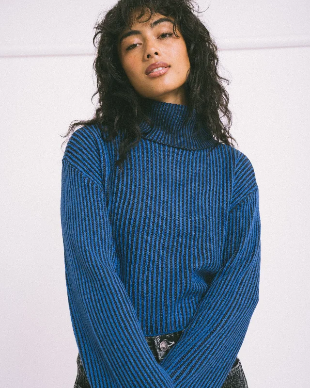 High - Low Hem Women's Cashmere - Blended SweatersTone Roll Neck Knit Lapis Blue Black High - Low Hem Women's Cashmere - Blended SweatersTone Roll Neck Knit Lapis Blue Black