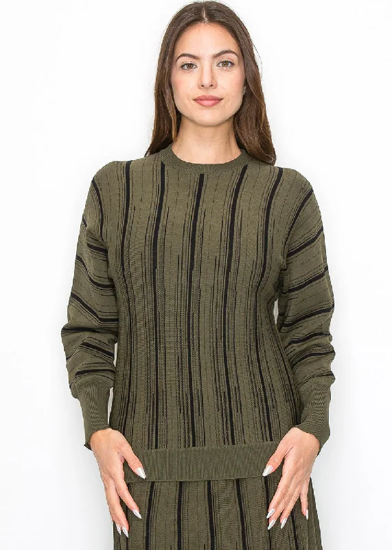 Plus Size Women's Side - Slit Sweaters in Bold SolidsOlive Knit Sweater with Vertical Stripes Plus Size Women's Side - Slit Sweaters in Bold SolidsOlive Knit Sweater with Vertical Stripes