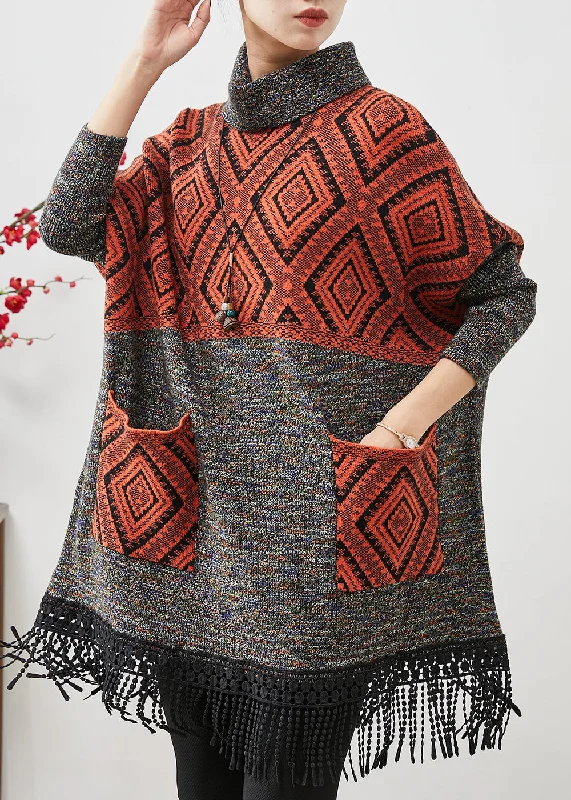 Plus Size Women's Fit - and - Flare Sweater Dresses with Ruffled HemOrange Patchwork Knit Vacation Dresses Turtle Neck Tasseled Spring Plus Size Women's Fit - and - Flare Sweater Dresses with Ruffled HemOrange Patchwork Knit Vacation Dresses Turtle Neck Tasseled Spring
