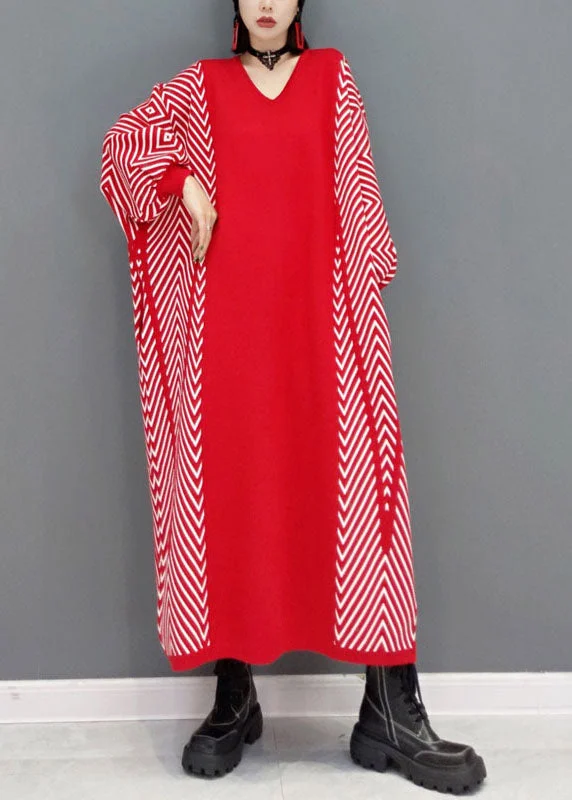 Plus Size Women's Tunic - Style Sweater Dresses with PocketsRed Patchwork Knit Loose Holiday Dress Spring Plus Size Women's Tunic - Style Sweater Dresses with PocketsRed Patchwork Knit Loose Holiday Dress Spring