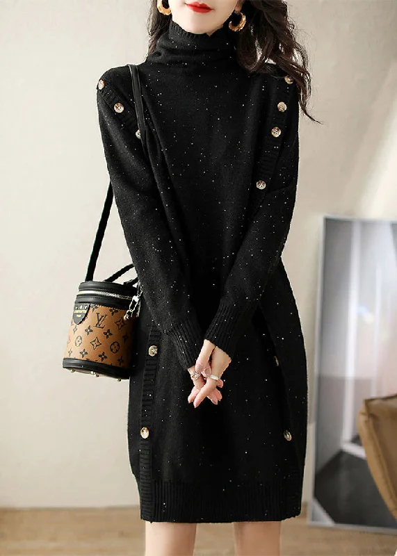 Women's Off - Shoulder Chunky Knit Sweater Dresses in Earth TonesSilm Fit Black Turtle Neck Sequins Button Knit Dress Winter