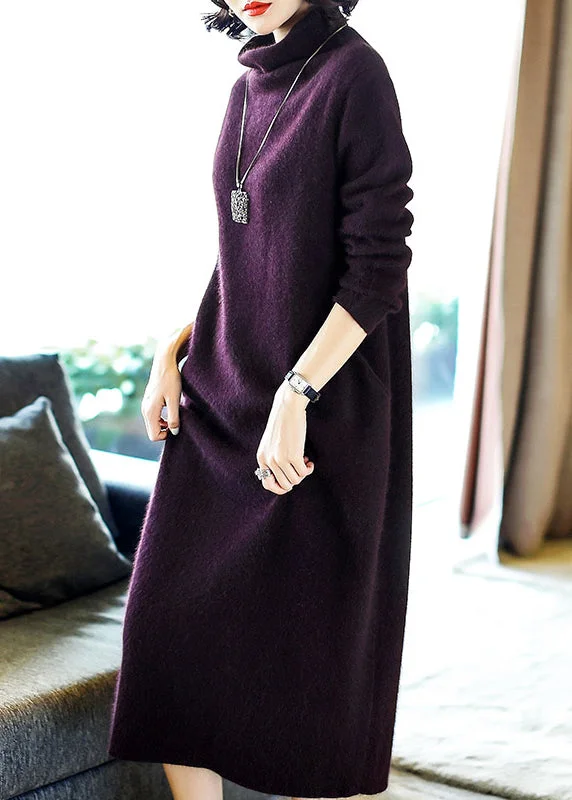 Wrap - Style Women's Lambswool Sweater Dresses in Elegant ShadesSimple Purple Turtleneck Pockets Cashmere Long Dresses Long Sleeve Wrap - Style Women's Lambswool Sweater Dresses in Elegant ShadesSimple Purple Turtleneck Pockets Cashmere Long Dresses Long Sleeve