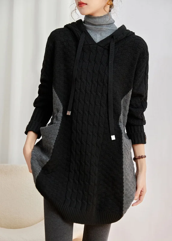 Plus Size Women's Tunic - Style Sweater Dresses with PocketsStyle Black Hooded Patchwork Knit Pullover Dress Winter Plus Size Women's Tunic - Style Sweater Dresses with PocketsStyle Black Hooded Patchwork Knit Pullover Dress Winter