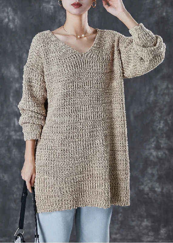 Knee - Length Women's Wool Blend Sweater Dresses in Neutral ColorsStyle Khaki V Neck Oversized Knit Sweater Dress Winter Knee - Length Women's Wool Blend Sweater Dresses in Neutral ColorsStyle Khaki V Neck Oversized Knit Sweater Dress Winter