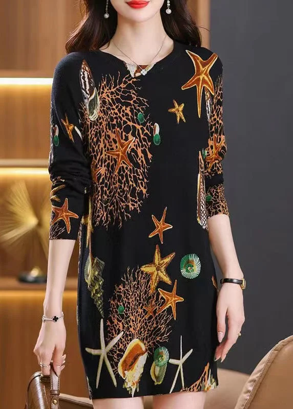 Plus Size Women's Long Sleeve Cable Knit Sweater DressesStylish Black O Neck Print Woolen Mid Sweater Dress Spring Plus Size Women's Long Sleeve Cable Knit Sweater DressesStylish Black O Neck Print Woolen Mid Sweater Dress Spring