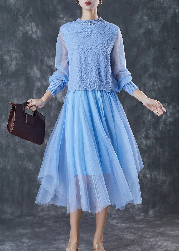 Mini - Length Women's Chunky Knit Sweater Dresses in Bold HuesUnique Blue Exra Large Hem Patchwork Knit Dress Spring Mini - Length Women's Chunky Knit Sweater Dresses in Bold HuesUnique Blue Exra Large Hem Patchwork Knit Dress Spring
