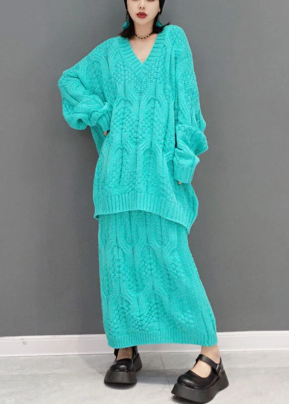 Plus Size Women's Fit - and - Flare Sweater Dresses with Ruffled HemUnique Blue V Neck Cable Knit tops A Line skirts Two-Piece Set Spring Plus Size Women's Fit - and - Flare Sweater Dresses with Ruffled HemUnique Blue V Neck Cable Knit tops A Line skirts Two-Piece Set Spring