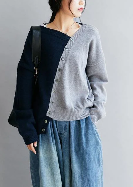Short Sleeve Women's Cotton Blend Sweaters in Pastel ColorsVintage Blue Clothes V Neck Patchwork Loose Fitting Fall Sweaters