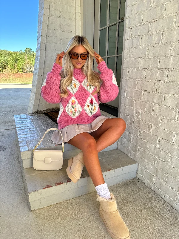 Plus Size Women's Side - Slit Sweaters in Bold SolidsVintage Flower & Diamond Sweater-Pink Plus Size Women's Side - Slit Sweaters in Bold SolidsVintage Flower & Diamond Sweater-Pink