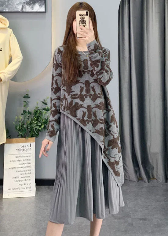 V - Neck Women's Ribbed Sweater Dresses with Belt for a Defined WaistVintage Grey Asymmetrical Patchwork Knit Long Dresses Spring V - Neck Women's Ribbed Sweater Dresses with Belt for a Defined WaistVintage Grey Asymmetrical Patchwork Knit Long Dresses Spring