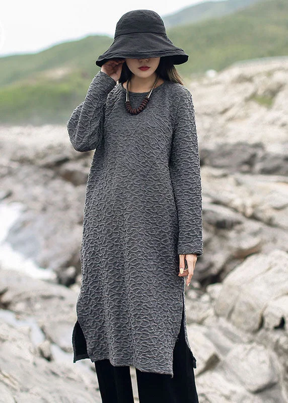 Midi - Length Women's Shetland Wool Sweater Dresses in Traditional PatternsVintage Grey Jacquard side open Knit Long Sweater Winter Midi - Length Women's Shetland Wool Sweater Dresses in Traditional PatternsVintage Grey Jacquard side open Knit Long Sweater Winter