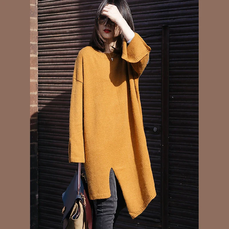 Mini - Length Women's Chunky Knit Sweater Dresses in Bold HuesVintage Sweater weather Street Style o neck spring yellow Ugly knit dress side open