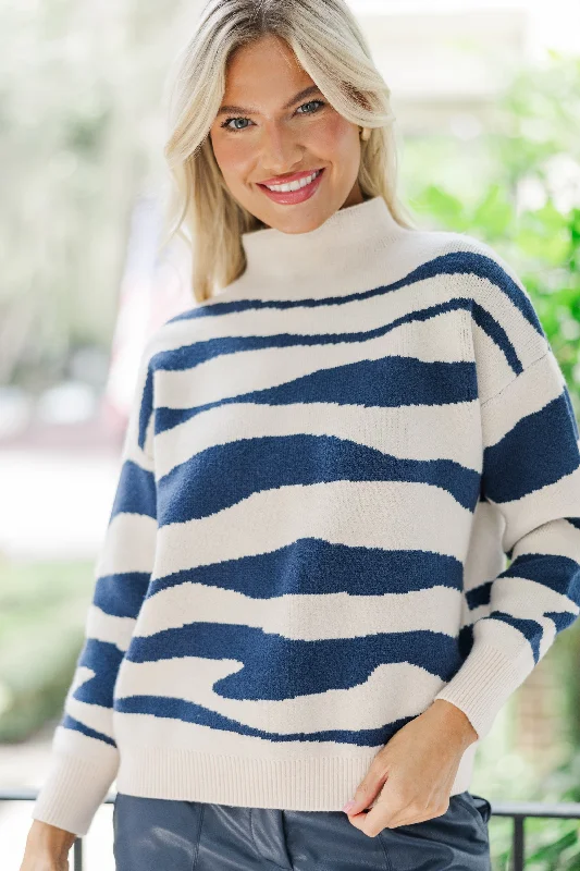 Mock Neck Women's Alpaca Wool Sweaters in Earth TonesWhat You Love Cream & Navy Tiger Sweater Mock Neck Women's Alpaca Wool Sweaters in Earth TonesWhat You Love Cream & Navy Tiger Sweater