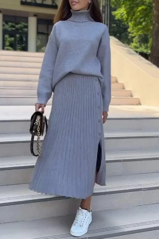 Tassel - trimmed knitted sweater skirtsWomen's Turtleneck Long Sleeve Sweater Skirt Two Piece Set Tassel - trimmed knitted sweater skirtsWomen's Turtleneck Long Sleeve Sweater Skirt Two Piece Set