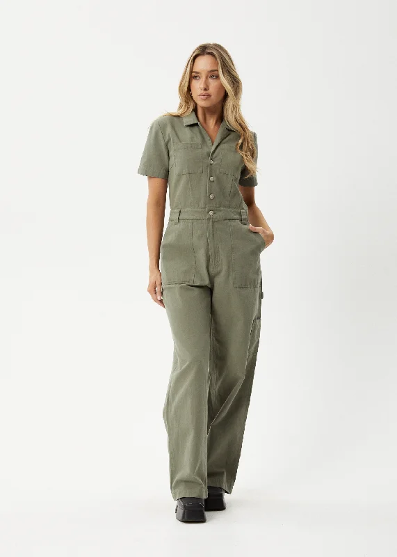 Women jumpsuits with asymmetric hems on the pants for a fashion - forward and dynamic lookAFENDS Womens Mika - Canvas Jumpsuit - Olive Women jumpsuits with asymmetric hems on the pants for a fashion - forward and dynamic lookAFENDS Womens Mika - Canvas Jumpsuit - Olive