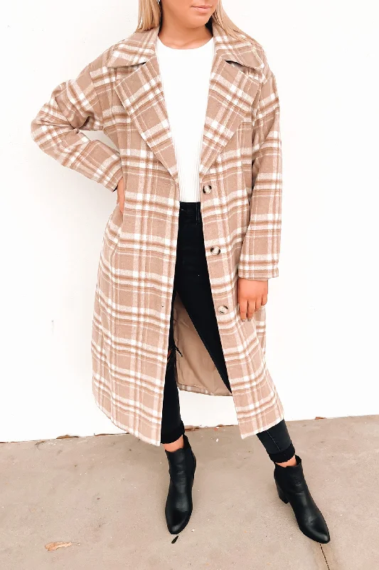 Women's faux fur - trimmed denim jackets for a trendy and cozy styleAiden Coat Tan Check Women's faux fur - trimmed denim jackets for a trendy and cozy styleAiden Coat Tan Check