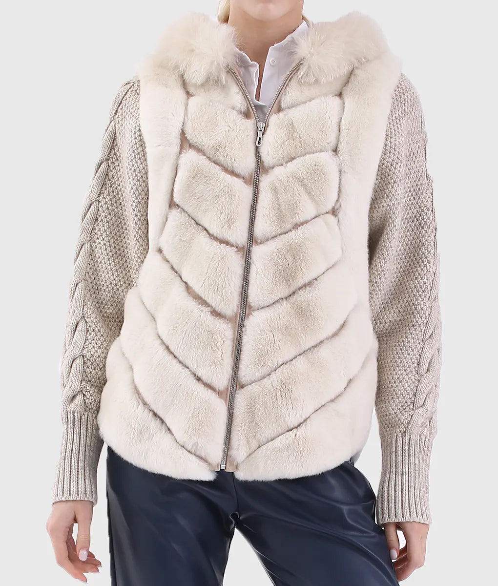 Real Fur Trimmed Hoodies​Akira Women White Trimmed Rex Rabbit Fur Jacket