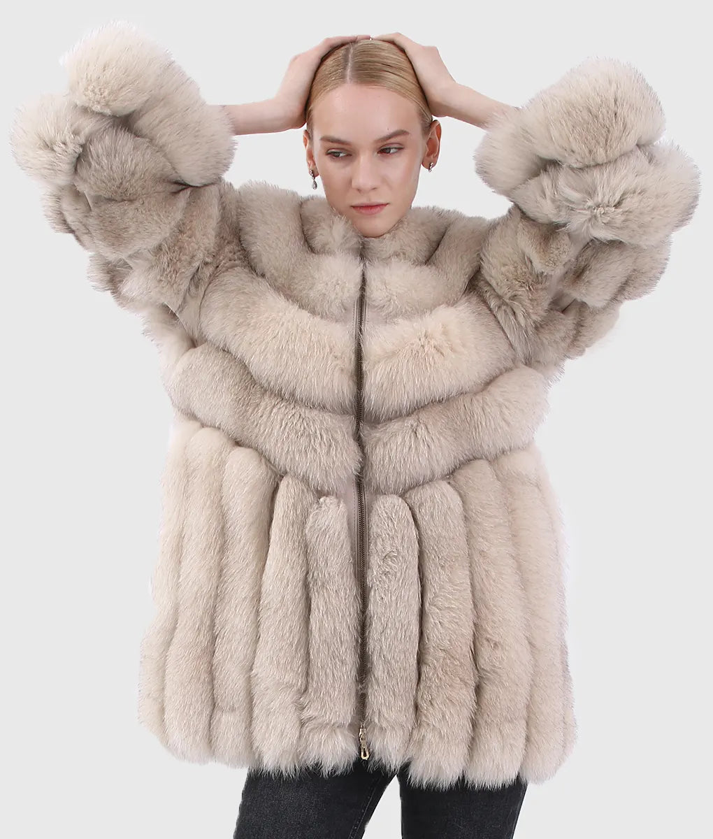 Real Fur Trimmed Collarless Coats​Anie Women White Long Fox Fur Jacket