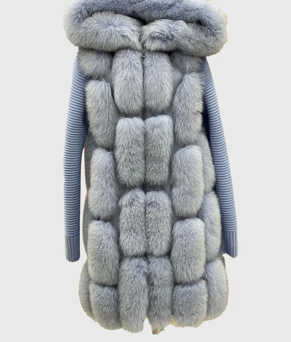 Real Fur Trimmed Maxi DressesAnigiston Women Blue Trimmed Long Fox Fur Coat With Hood Real Fur Trimmed Maxi DressesAnigiston Women Blue Trimmed Long Fox Fur Coat With Hood