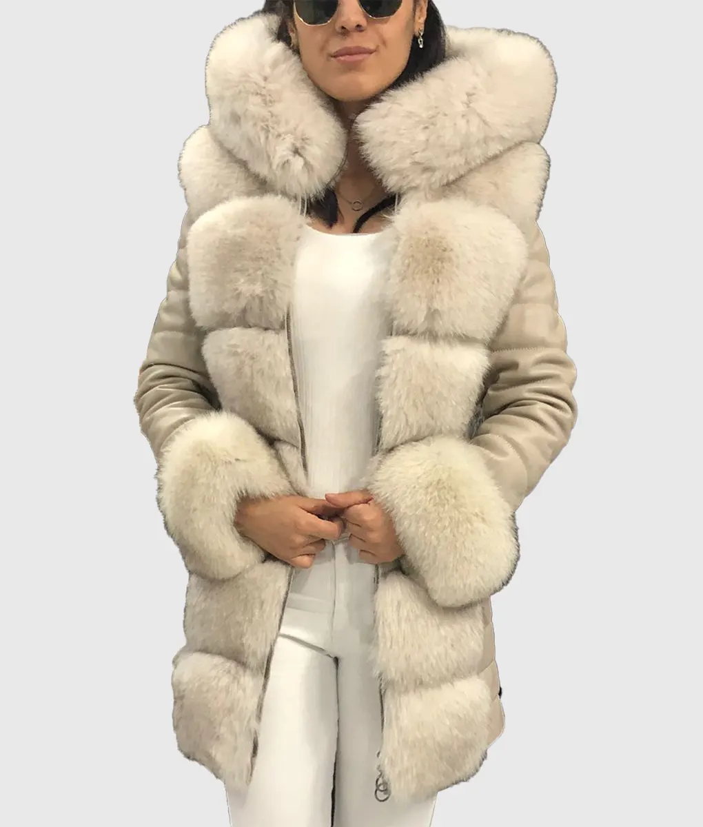 Real Fur Trimmed Mini DressesAnilson Women White Trimmed Long Fox Fur Coat With Hood Real Fur Trimmed Mini DressesAnilson Women White Trimmed Long Fox Fur Coat With Hood