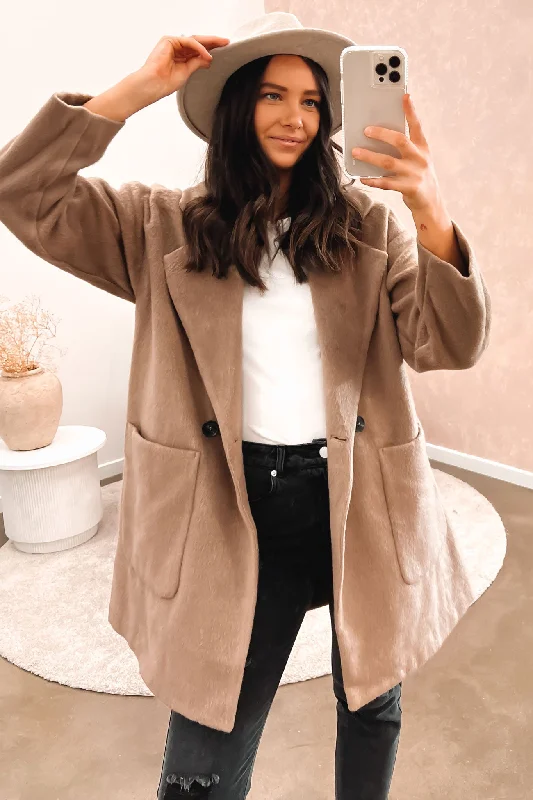 Women's double - breasted tweed jackets in classic colors for a sophisticated office lookArden Double Breasted Coat Tan Women's double - breasted tweed jackets in classic colors for a sophisticated office lookArden Double Breasted Coat Tan