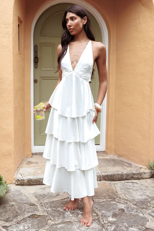 Halter Neck Women Dress to Show Off the Shoulders and NecklineAuguste Tiered Frill Strappy Back Dress Ivory Halter Neck Women Dress to Show Off the Shoulders and NecklineAuguste Tiered Frill Strappy Back Dress Ivory