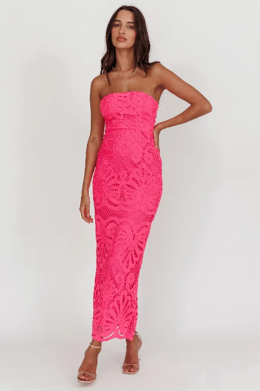 Printed Abstract Women Dress for a Modern and Artistic AppealBia Strapless Lace Embroidered Maxi Dress Hot Pink Printed Abstract Women Dress for a Modern and Artistic AppealBia Strapless Lace Embroidered Maxi Dress Hot Pink