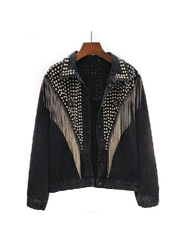Women's denim jackets with a patchwork design for a bohemian and artsy styleBlack Denim Studded and Fringed Jacket Women's denim jackets with a patchwork design for a bohemian and artsy styleBlack Denim Studded and Fringed Jacket