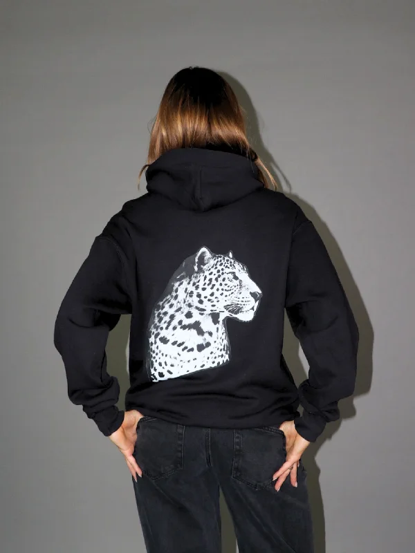 Women's tie - front hoodie in a lightweight fabric for summer layeringBLACK LEOPARD HOODIE (rygprint) - SORT Women's tie - front hoodie in a lightweight fabric for summer layeringBLACK LEOPARD HOODIE (rygprint) - SORT