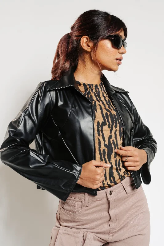 Women's cropped leather jackets with silver zippers for a punk - inspired outfitBlack Seam Leather Shacket Women's cropped leather jackets with silver zippers for a punk - inspired outfitBlack Seam Leather Shacket