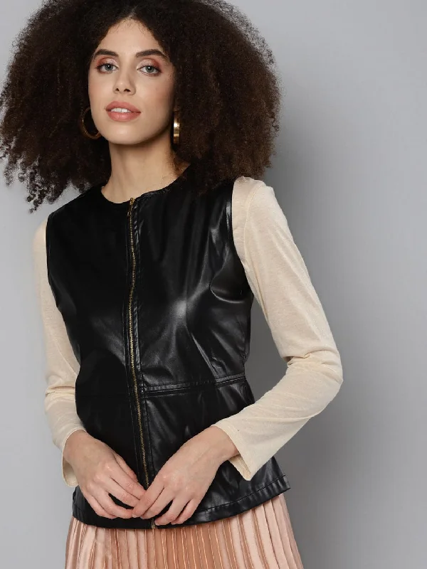 Women's bomber jackets with floral embroidery for a feminine and unique designBlack Sleeveless PU Peplum Jacket Women's bomber jackets with floral embroidery for a feminine and unique designBlack Sleeveless PU Peplum Jacket