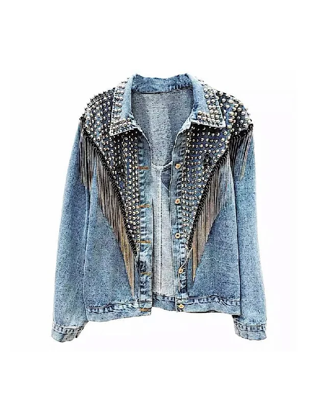 Women's windbreaker jackets with adjustable hoods for windy daysBlue Denim Studded and Fringed Jacket Women's windbreaker jackets with adjustable hoods for windy daysBlue Denim Studded and Fringed Jacket