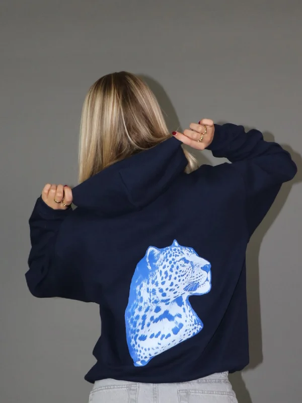 Women's mock - neck sweatshirt made of moisture - wicking material for fitness useBLUE LEOPARD HOODIE (rygprint) - NAVY Women's mock - neck sweatshirt made of moisture - wicking material for fitness useBLUE LEOPARD HOODIE (rygprint) - NAVY