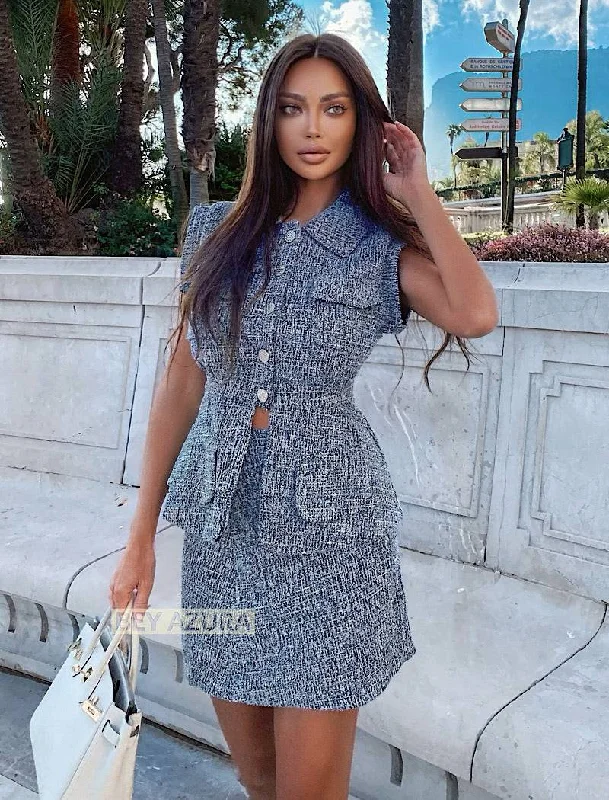 Women's denim jackets with a patchwork design for a bohemian and artsy styleBlue Sleeveless Top With Short Skirt Tweed Two Piece Set Women's denim jackets with a patchwork design for a bohemian and artsy styleBlue Sleeveless Top With Short Skirt Tweed Two Piece Set