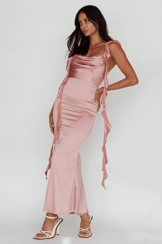 Plus Size Women Dress with a Flattering A - Line Cut for Comfort and StyleBlushing Ruffle Trim Midi Dress Mauve Plus Size Women Dress with a Flattering A - Line Cut for Comfort and StyleBlushing Ruffle Trim Midi Dress Mauve
