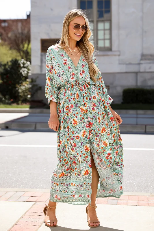 Wrap - Style Women Dress with Adjustable Fit for All Body TypesFINAL SALE - Bohemian Sun Jade Floral Maxi Dress Wrap - Style Women Dress with Adjustable Fit for All Body TypesFINAL SALE - Bohemian Sun Jade Floral Maxi Dress