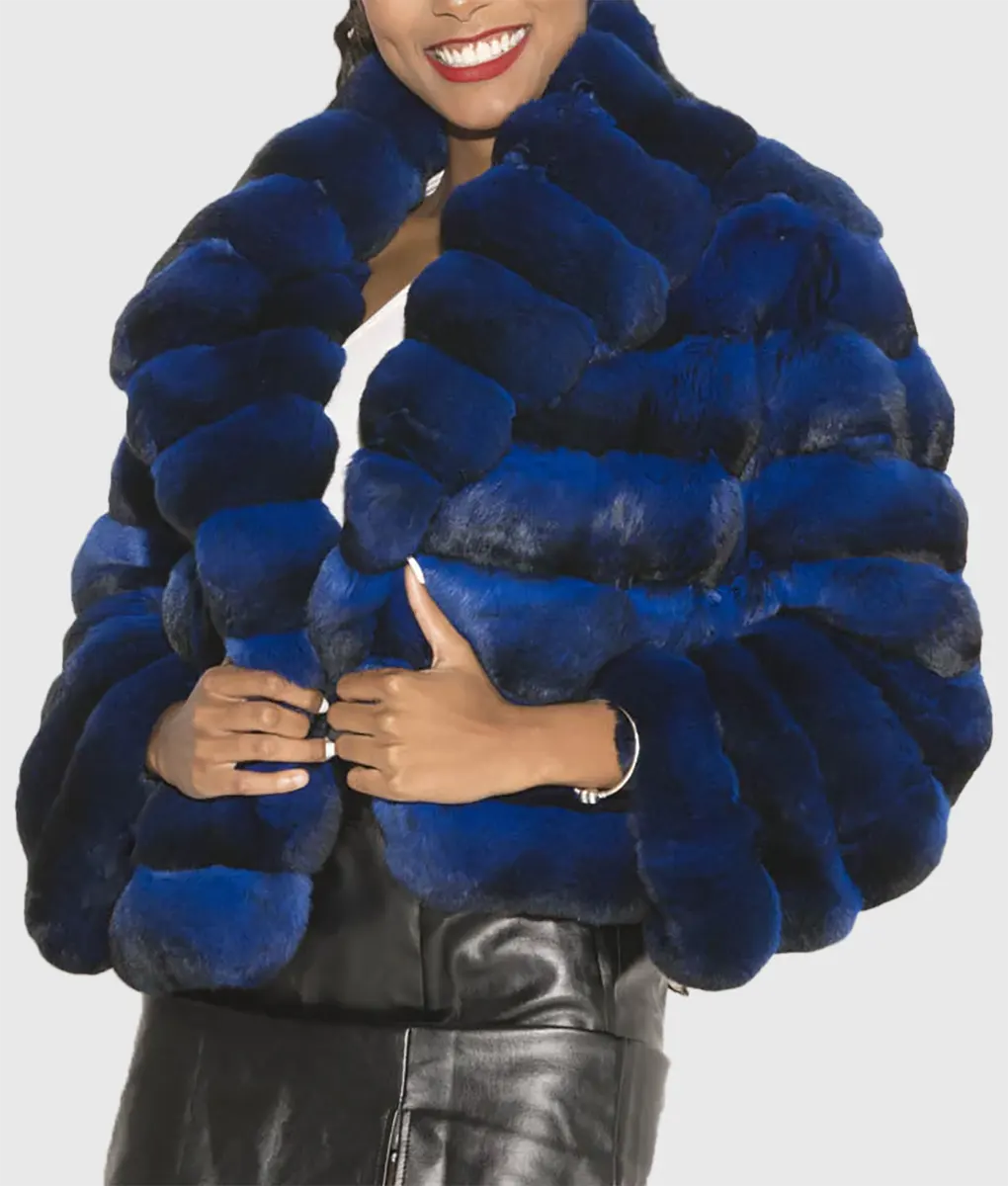 Real Fur Trimmed Leather Jackets​Bolie Women Blue Chinchilla Fur Jacket