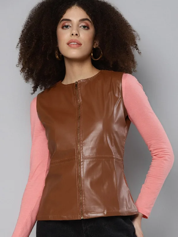 Women's cropped satin jackets in pastel shades for a glamorous evening outBrown Sleeveless PU Peplum Jacket Women's cropped satin jackets in pastel shades for a glamorous evening outBrown Sleeveless PU Peplum Jacket
