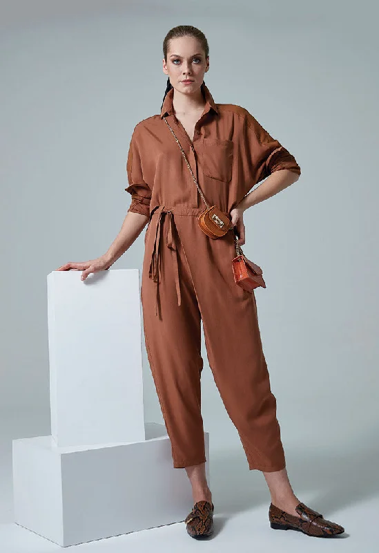 Women jumpsuits with side slits on the pants for a touch of allureBrown Tie Front Overlap Jumpsuit Women jumpsuits with side slits on the pants for a touch of allureBrown Tie Front Overlap Jumpsuit