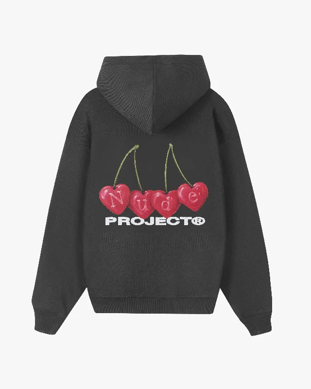 Women's cropped sweatshirt with a slogan graphic for a fun and expressive lookCHERRY HOOD BLACK ASH Women's cropped sweatshirt with a slogan graphic for a fun and expressive lookCHERRY HOOD BLACK ASH
