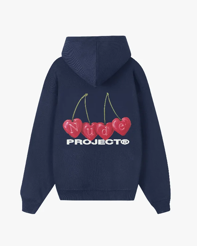 Women's hoodie with a glittery print for a glamorous and sparkly appearanceCHERRY HOOD NAVY Women's hoodie with a glittery print for a glamorous and sparkly appearanceCHERRY HOOD NAVY