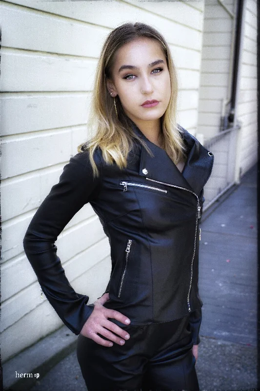 Women's bomber jackets with a holographic finish for a futuristic and eye - catching lookBlack Stretch Biker Jacket Women's bomber jackets with a holographic finish for a futuristic and eye - catching lookBlack Stretch Biker Jacket