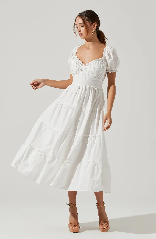 Ruffled Women Dress with Multiple Layers for a Playful and Girly StyleShort Sleeve Cinched Bust Midi Dress Ruffled Women Dress with Multiple Layers for a Playful and Girly StyleShort Sleeve Cinched Bust Midi Dress