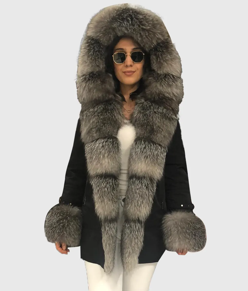 Real Fur Trimmed Polyester JacketsCox Women Black Fox Fur Coat Long Trim With Hood Real Fur Trimmed Polyester JacketsCox Women Black Fox Fur Coat Long Trim With Hood