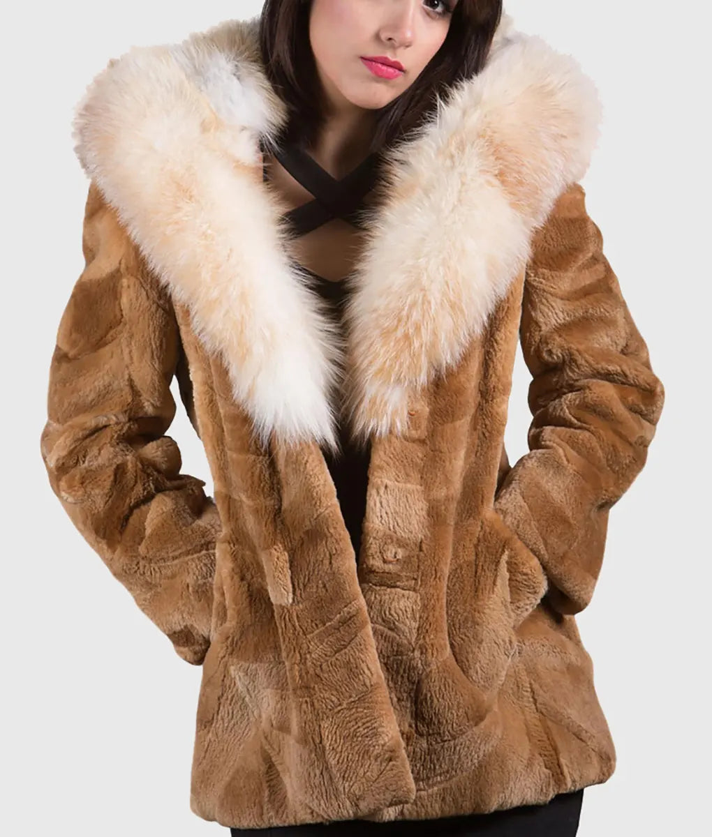 Real Fur Trimmed Nylon Vests​Creme Women Brown Hooded Beaver Fur Coat