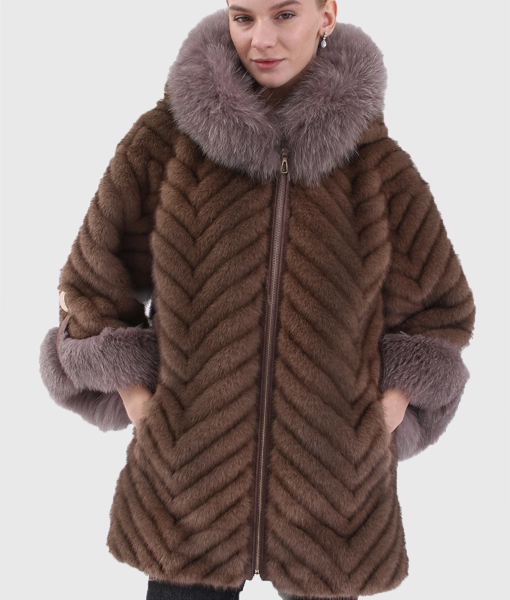 Real Fur Trimmed Woolen Coats​Degi Women Brown Hooded Long Fox Fur Coat
